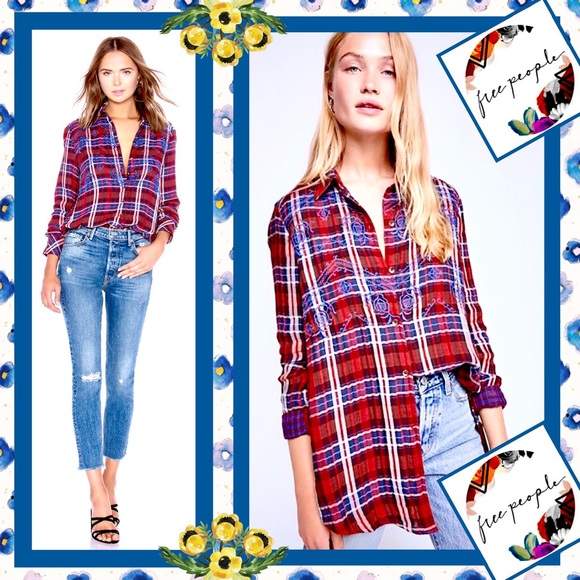 Free People Tops - Free People Magical Plaid Buttondown Top Red Blue